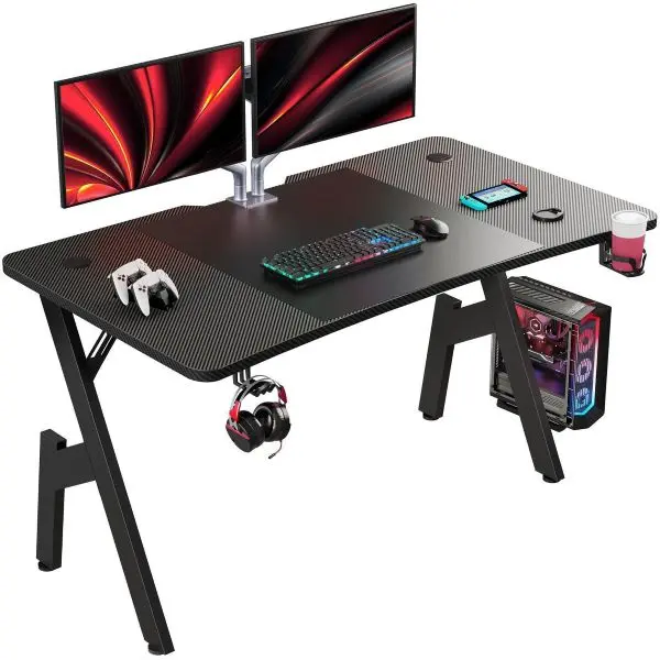 A-Frame Gaming Desk | 47-inch/57-inch Ecofurnix Carbon Fibre Home Office Desk | Black Tech-inspired Design, Easy Assembly, Stable and Sturdy Construction, Includes Headphone Hook and Cup Holderce