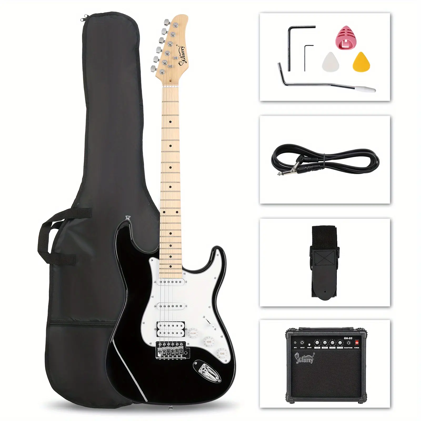 Stylish H-S-S Humbucker Pickup Electric Guitar Kit, 20W AMP, Basswood-Maple Wood Body, 3.0 kg Weight, Guitar Bag, Strap, Black, None Additional Accessories, 5 Way Switch