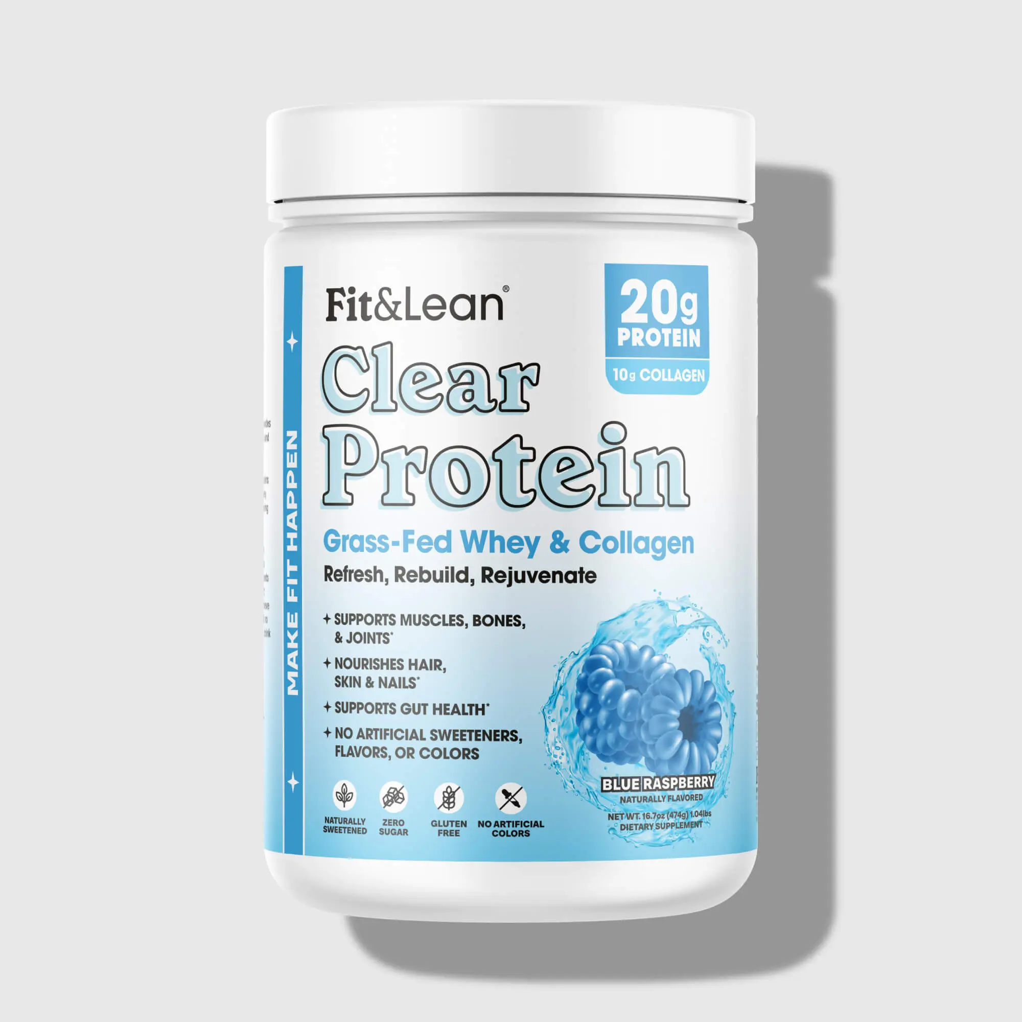 Fit&Lean Clear Protein + Collagen Dietary Supplement Powder - Grass-Fed Whey & Collagen, 20g Protein, 10g Collagen, 0 Sugar, Gluten Free, Naturally Sweetened, No Artificial Colors/Flavors/Sweeteners