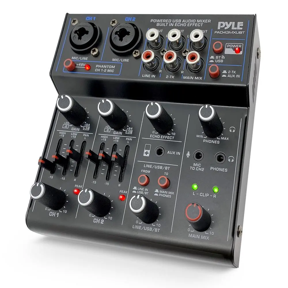 Wireless 4-Channel DJ Audio Mixer | Mini Bluetooth Sound Mixer with USB Interface for Recording & Built-in Echo Effect - Compact Portable Mixer for Podcasting, Streaming, Karaoke & Home Studio