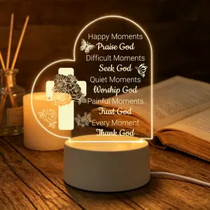 Christian Heart Night Light, Cross & Floral Engraved "Praise God" LED Lamp, USB Powered Warm Glow, Inspirational Religious Gifts for Believers, Church & Bedroom Decor