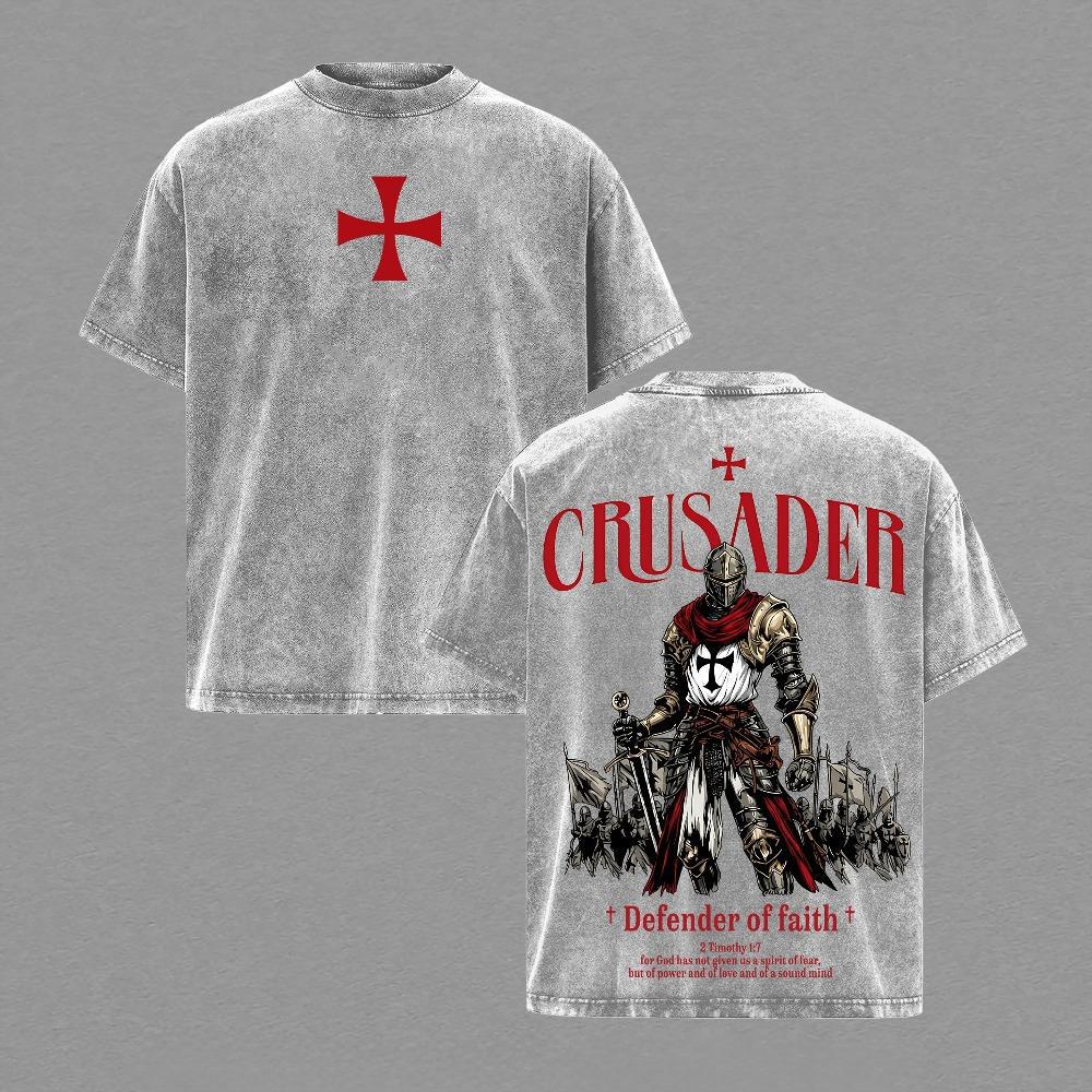 Crusader Defender of Faith Vintage Washed Oversized T-Shirt,Timothy 1:7 Scripture Knight Graphic Tee, Heavy Cotton Medieval Christian Streetwear Top, Unisex Dark Gothic Warrior Shirt