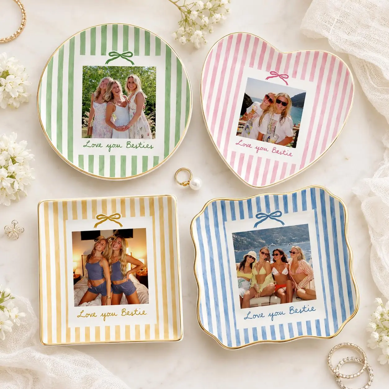 Personalized Bestie Photo Jewelry Dish, Custom Ceramic Trinket Tray for Best Friend, Bestie Striped Ring Dish, Birthday Gifts For Bestie