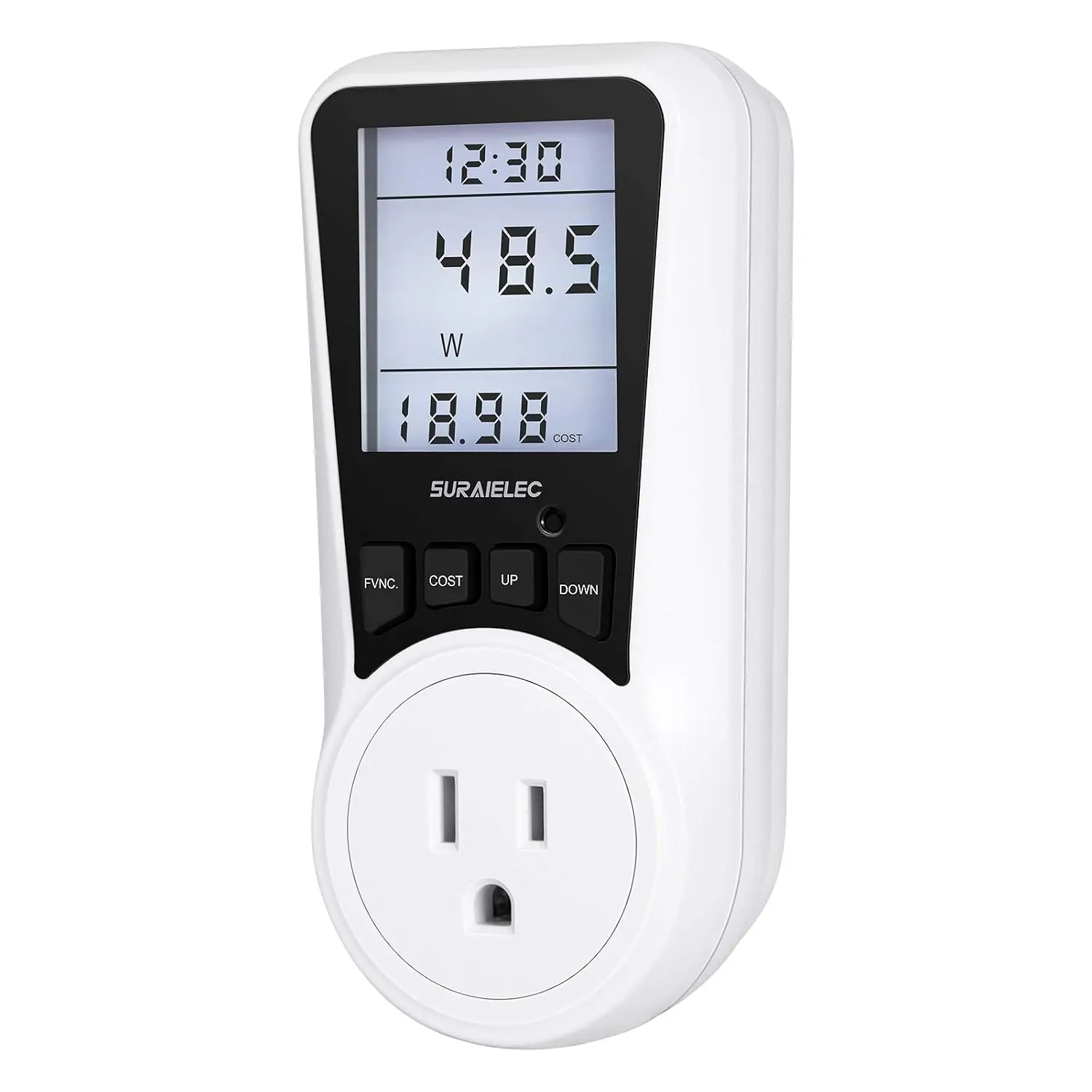 SURAIELEC Plug-in Energy Monitor,Watt Meter, Auto Cost Calculator, Backlit Display, Overload Protection, Kilowatt-Wattage-Voltage-AMP Tester for Home Users