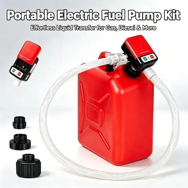 Portable Automatic Fuel Transfer Pump with Auto-Stop, 51in Extra-Long Hose, 3.2 GPM Flow Rate, Battery/USB Powered, 3 Can Adapters for Oil, Diesel, Gasoline