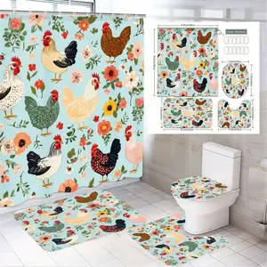 1/4pcsChicken & Flowers Bathroom Decor Set, Bathroom Decoration Accessories - Light Blue Shower Curtain Sets Bathroom Supplies with Bath Mat, Toilet Seat Cover & Lid - Spring Easter Decor for Modern Bathroom, Chicken & Flower Pattern Linens
