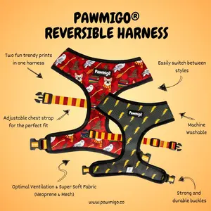 PAWMIGO Reversible Dog Harness Quick-Drying Neoprene & Breathable Mesh Adjustable Fit Secure 4-Point Lock System Machine Washable Double Fun Designs