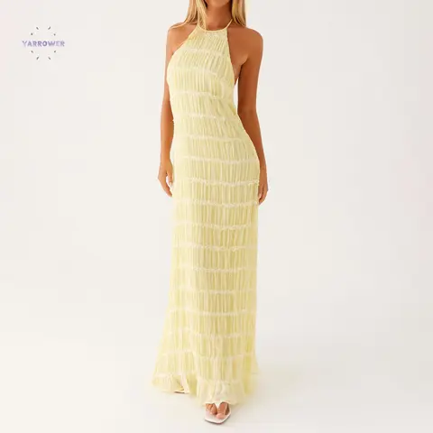 Women's Basic Fit Polyester-Elastane Halter Neck Ruched Sleeveless Backless Solid Color Bodycon Long Dress - Machine Washable Casual Gown, All Occasion Wear (Long Dresses for Women)