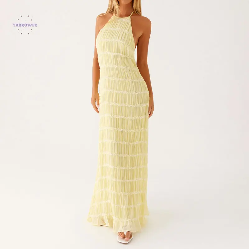 Women's Basic Fit Polyester-Elastane Halter Neck Ruched Sleeveless Backless Solid Color Bodycon Long Dress - Machine Washable Casual Gown, All Occasion Wear (Long Dresses for Women)