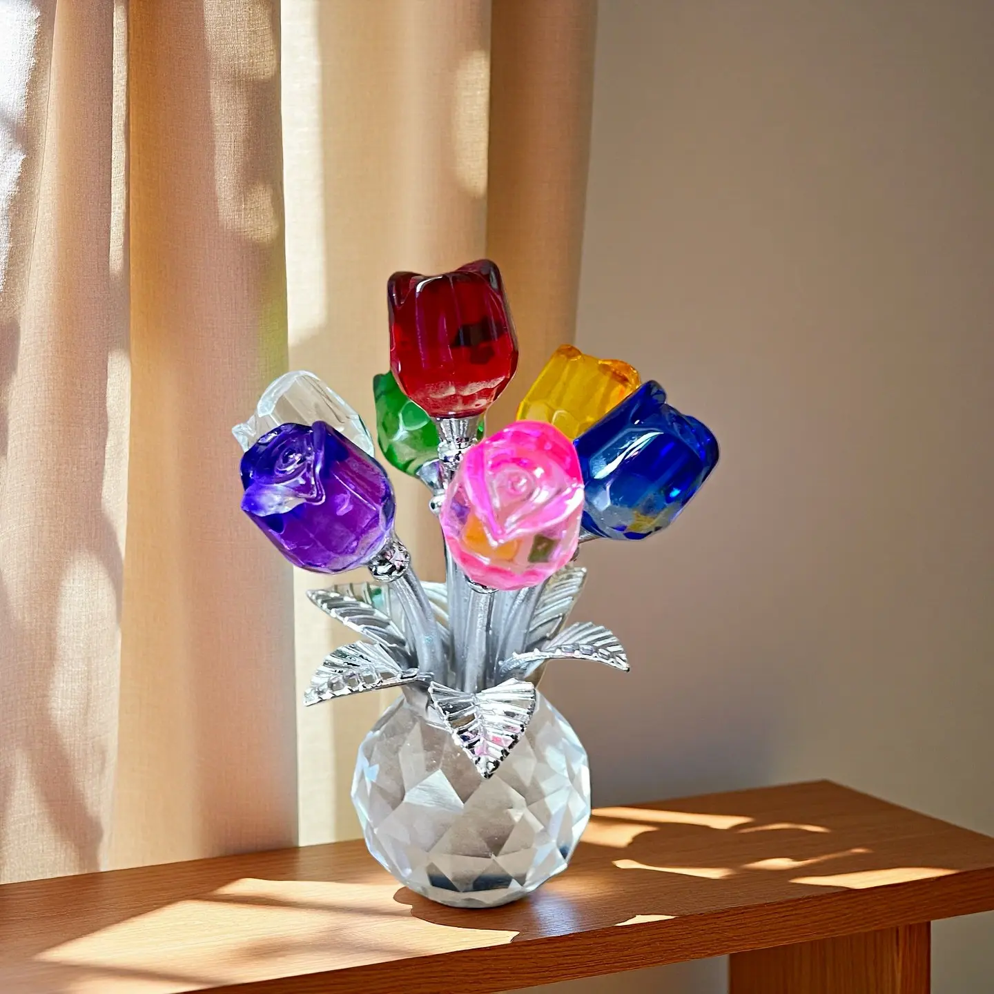 Handmade Colorful Rose Crystal Sculpture Decorative Flowers Vase, Perfect Gift for Valentine's Day, Mother's Day, Father's Day, Elegant Home and Office Decor Accessory