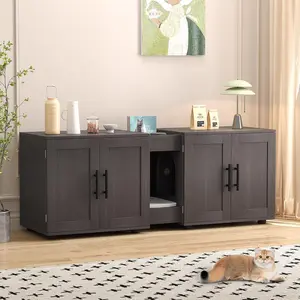 Walnut Finish Large Size Wooden Enclosed Litter Box Enclosure, 55”L x 17.7”W x 22.5”H Multi-Use Unit with Double Room, Odor Control & Ventilation Hole, Hidden Litter Box Furniture for 2 Cats