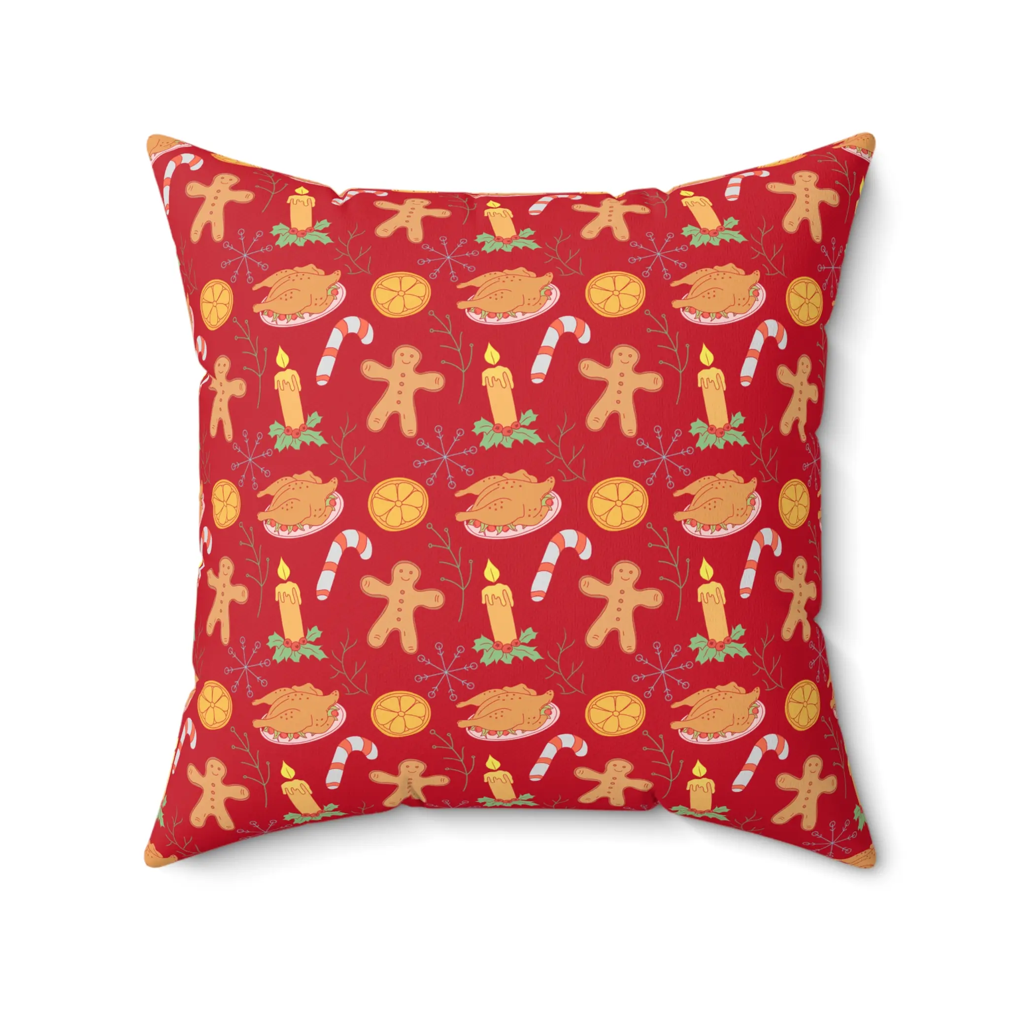 Traditional Christmas Throw Pillow : Red Holiday Accent with Gingerbread and Festive Motifs