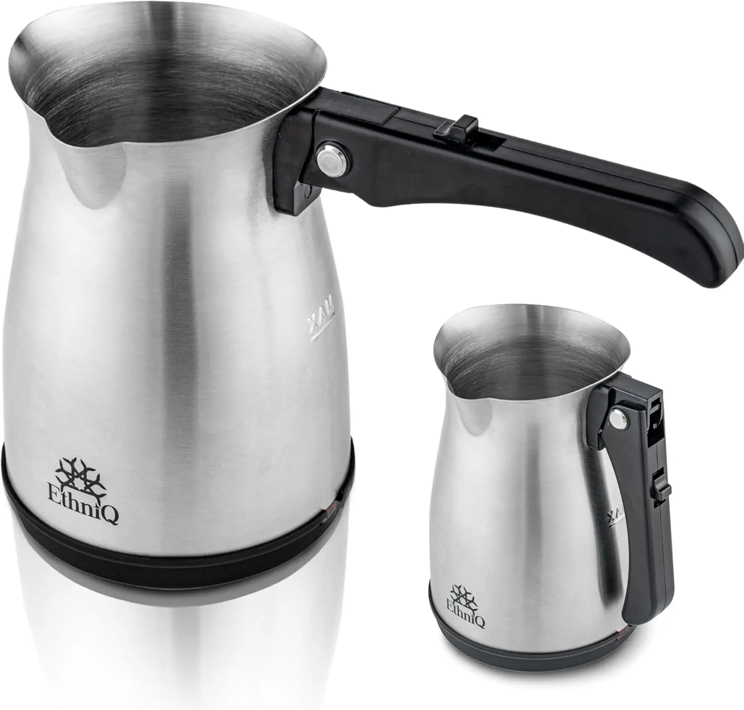 ETHNIQ Stainless Steel Turkish Coffee Pot Coffee Maker - 120V, 1-4 Cup Capacity, Foldable Handle, On-Off Button, Slow Brew for Home, Travel