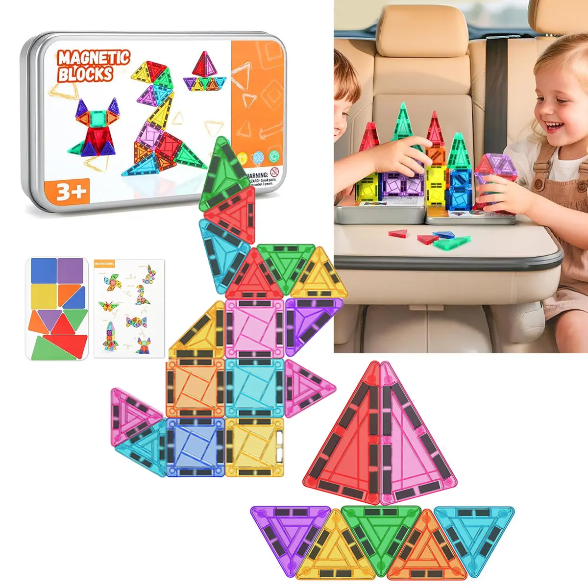 Portable Magnetic Building Blocks,26PCS Magnetic Tiles Set with Iron Box,Educational Travel Play Toy Gifts for Kids Toddlers