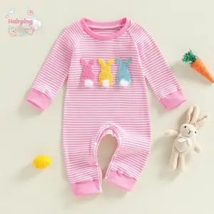 Toddler Baby Girl Pink Striped Easter Onesie - Long Sleeve 3D Bunny Pom Pom Romper with Snap Closure, Soft Knit Casual Spring Holiday Bodysuit