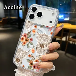 Magnetic Phone Case Supports Wireless Charging for iPhone 17 Pro Max 17 Air Bison Floral Symphony Pattern Non-Yellowing Shockproof Soft Silicone Transparent Acrylic Large Hole Cover