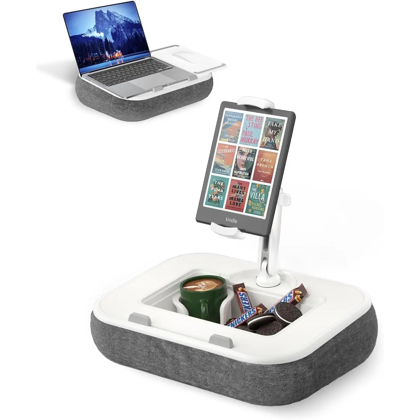 Kindle Pillow Stand Holder, Phone Holder for Bed, Laptop Lap Desk with  Pad,Compatible with 4.7-13" Kindle/Tablet/Phone,10-15" Laptop, Snack Bowl&Cup Attachment&Detachable 360?Stand Arm