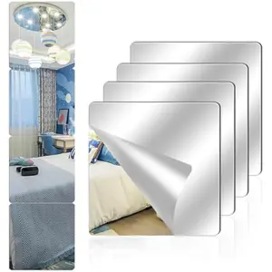 4 Pack Acrylic Mirrors for Wall,8" x 8" Self Adhesive Frameless Small Mirror Tiles, Flexible Plastic Mirror Sheets for Home Wall Decor Bedroom Gym DIY (4, 8" x 8")