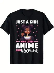 Just A Girl Who Loves Anime & Ramen Graphic Tee - Anime Ramen Lover Shirt with Girl Eating Noodles, Lightweight Crewneck T-Shirt for Women, Men, Teens - Anime Convention & Everyday, Loose Fit Casual Short Sleeve, Machine Washable