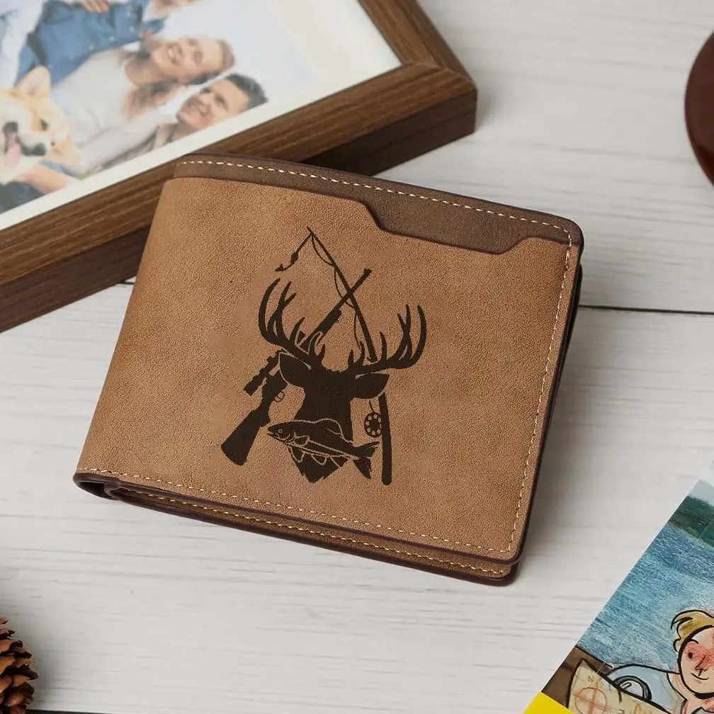 Hunting Fishing Engraved Wallet, Deer Head Mens Bifold Wallet, Outdoorsman Gift For Him, Dad Husband Hunter Gift