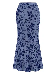 BTFBM Womens Floral Mesh Midi Skirt Elastic High Waisted Boho Elegant Mermaid Summer Fall Long Skirts for Women