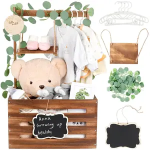 Wooden Baby Shower Crate Closet with Handle and Garland, Large Capacity Baby Baskets for Baby Shower, Easy Assembly Baby Shower Basket for Welcome Newborn Parents Party (Dark Walnut)