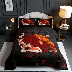 Koi Fish Kids Comforter Set,Marine Animals Cherry Blossom Branch Romantic Bedding Set,Girls Boys Adults Xmas Decor,Japanese Ukiyo-e Down Comforter,Red Black Duvet Insert