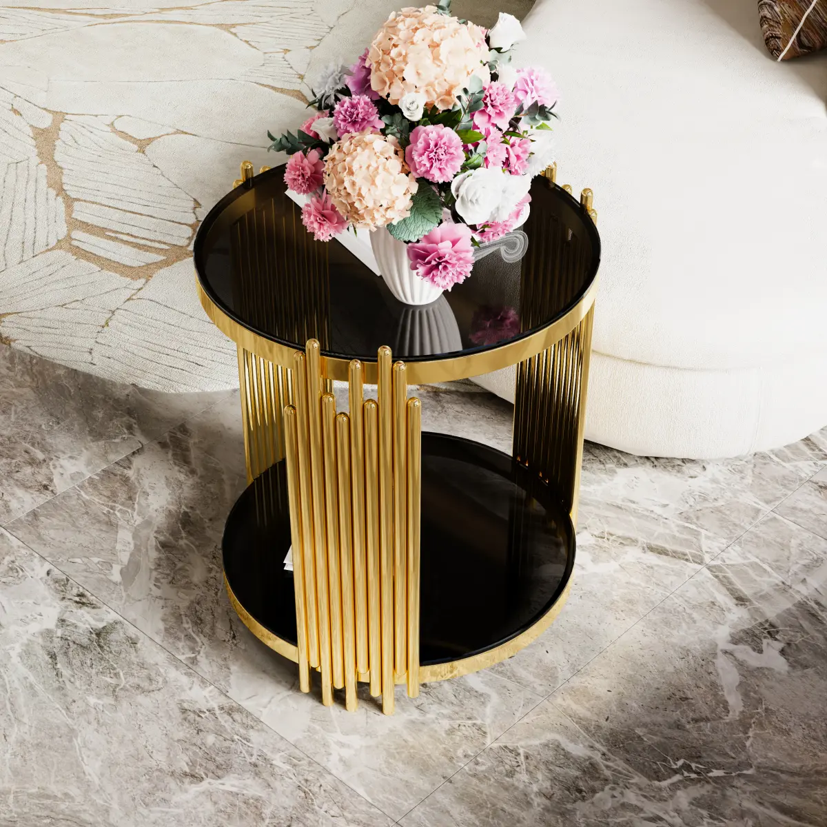 Modern Round Glass End Tables for Living Room, 2-Tier Circle Side Table with Metal Drum Base, 19.8" Center Accent Table for Small Space, Bedroom