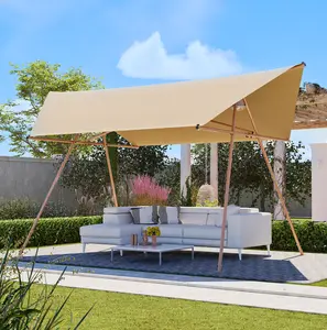 Hexagonal Shade Sail Canopy, Light Khaki 206"x118" Large UV Block Sun Shade with UPF 50+, Waterproof High-Density Polyester Fabric, Rust-Resistant Brown Poles, Built-in Hooks for Patio Backyard