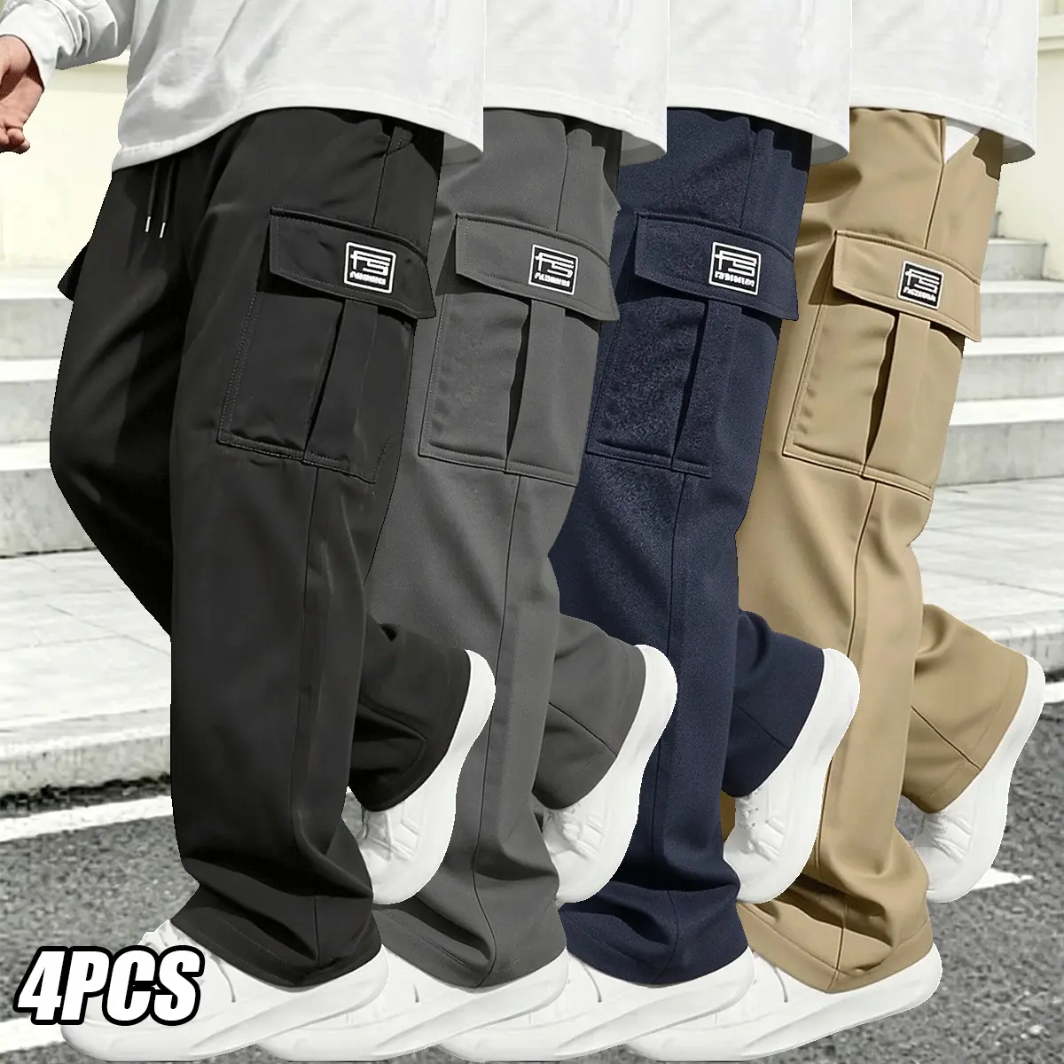 Set of 4 men’s cargo pants: loose fit, elastic waistband, adjustable waist, multiple pockets, durable solid color; casual outdoor workwear suitable for all seasons; summer long pants; men’s clothing.