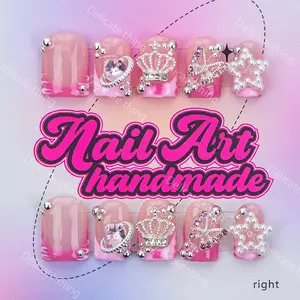 Delicatething Y2K Style Duckbill Square Nail Tips, Handmade Wearable Nails, Press On Nails, Nail Tips Art, 4 Sizes XS S M L, Star Crown Rhinestone Butterfly Design, Perfect Gift for Girls