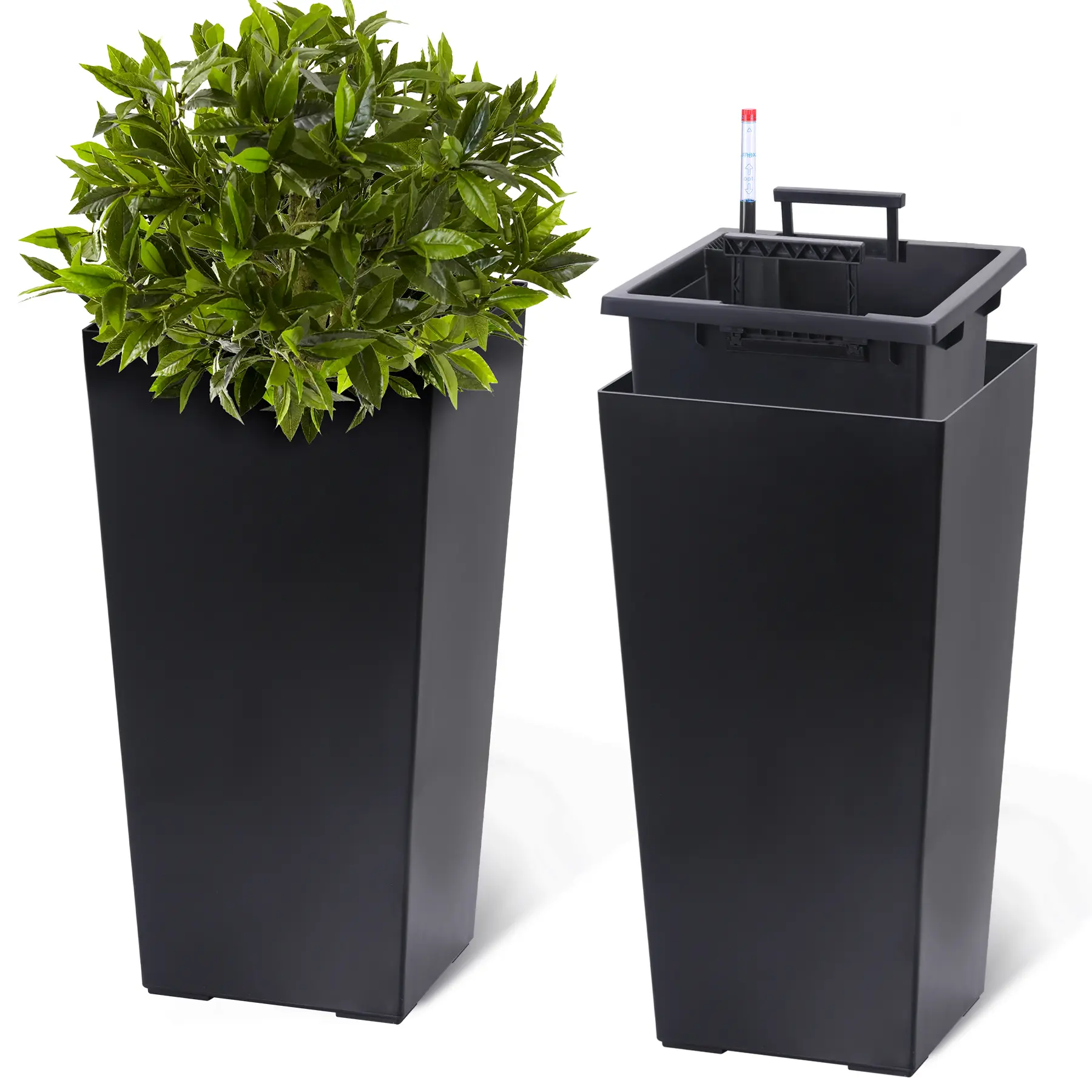 GARVEE Set of 2 Tall Black Self-Watering Planters – 16" Modern Outdoor/Indoor Plant Pots with Drainage Holes, Water Level Monitor & Inner Bucket – Perfect for Large Plants on Porch, Patio, or Garden – Hassle-Free Care!