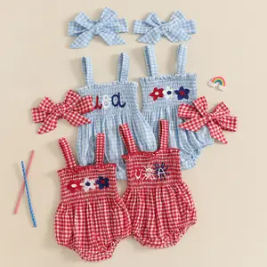 4th of July Baby Girl Outfits Plaid Letter Embroidery Smocked Sleeveless Romper Headband 2 Pcs Set My First 4th of July Baby Girl Outfit