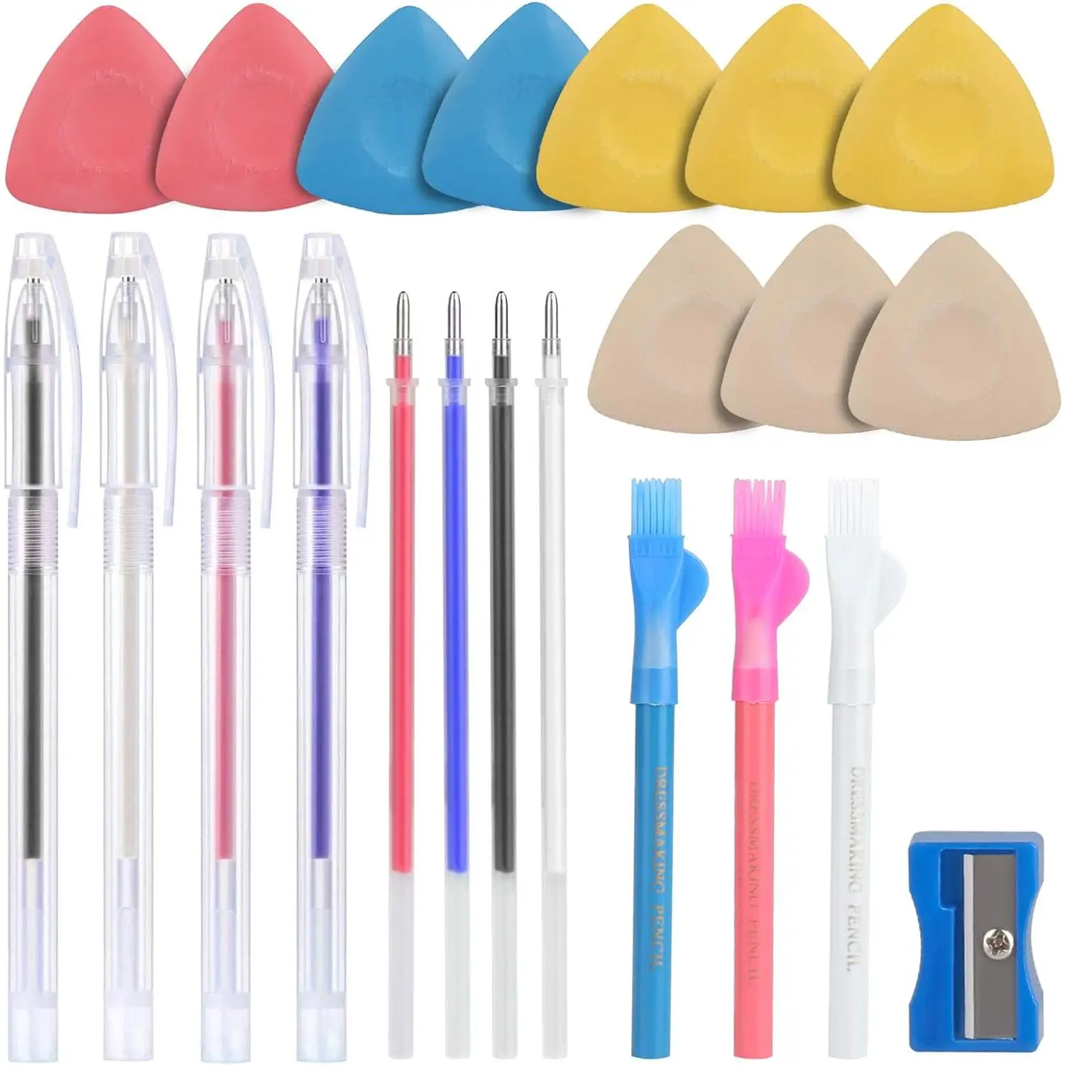 Tailors Chalk & Fabric Markers for Quilting - 10 count Tailor's Chalk, 4 count Heat Erasable Pens with 4 Refills, 3 count Sewing Fabric Pencils