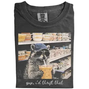 Vintage Raccoon Graphic Tee, Funny Thrift Store Shirt, Cool Animal Lover Tee, Cute Raccoon Drinking Coffee, Gift for Men, Gift for Women