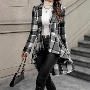 Fall/Winter 2025 Elegant Plaid Jacket – Preppy aesthetic button-front coat with asymmetrical flare sleeves, versatile holiday outerwear