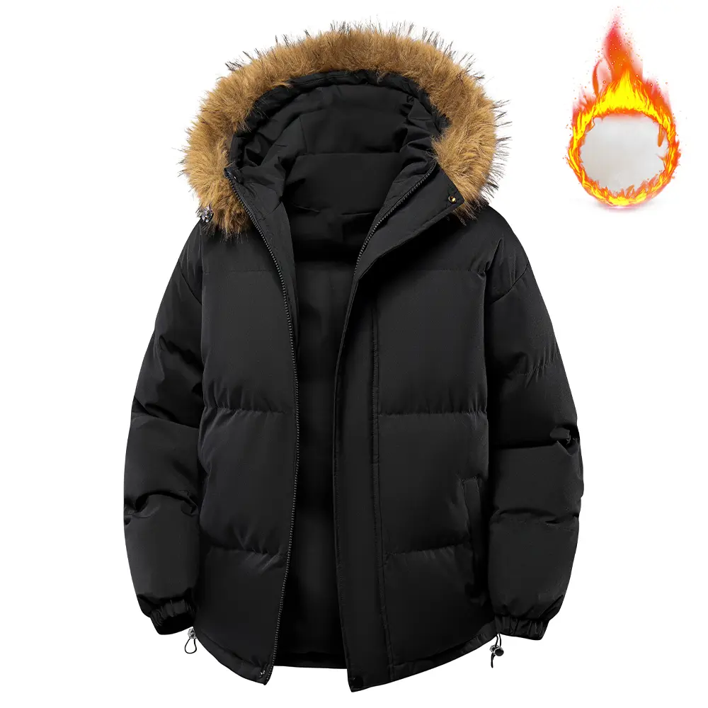 Men's Winter Thick Warm Hooded Long-Sleeve Casual Coat - Detachable Faux Fur Collar, Couples Style, Solid Black, Slim Fit, Zipper, Drawstring, Layering Outerwear Essential, Hooded Jacket, Fitted
