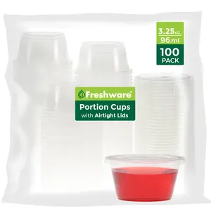 Freshware 3.25 oz Portion Cups with Lids (100 Pack) – Leakproof Sauce Cups, Disposable Condiment & Dressing Containers, Souffle & Jello Shot Cups for Meal Prep