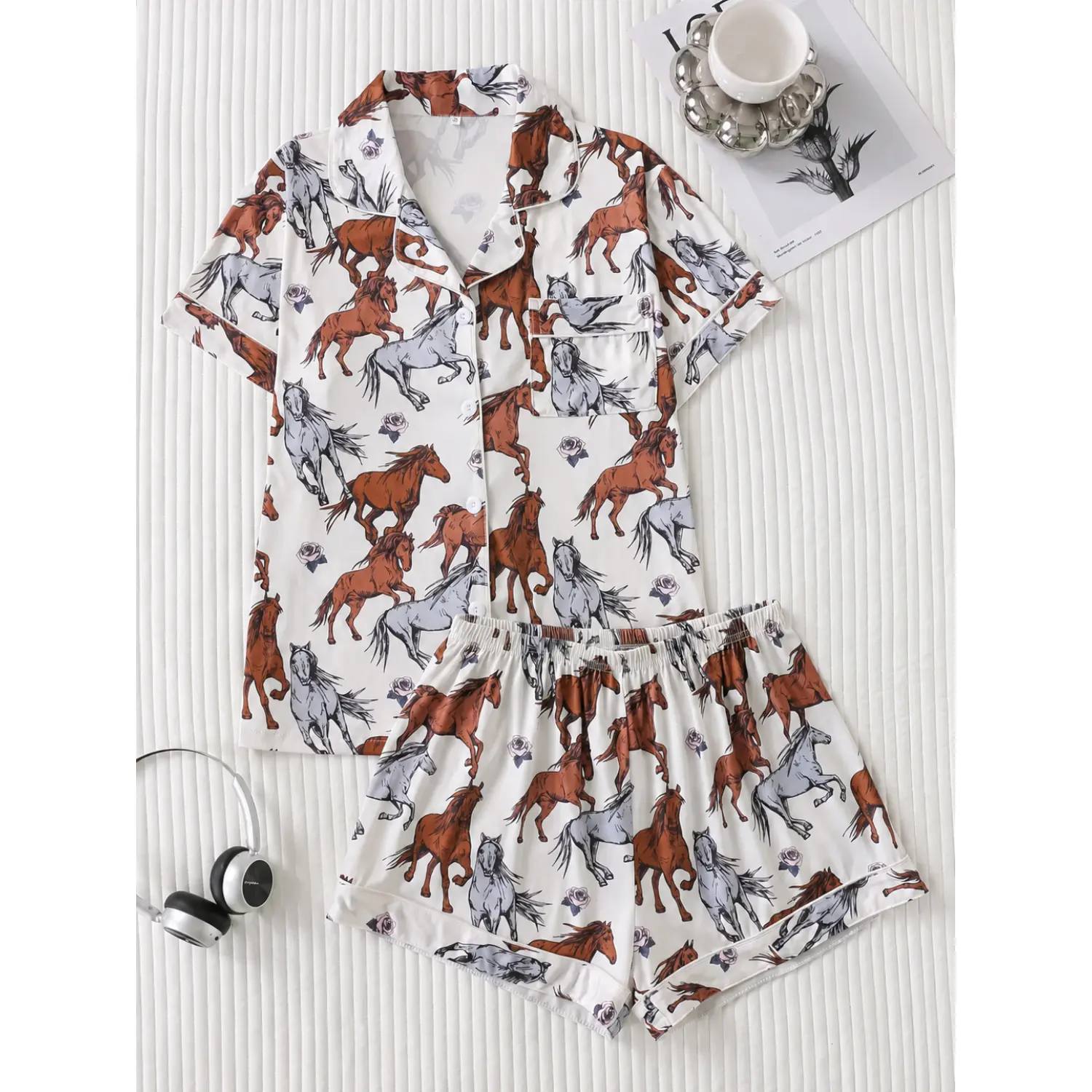 Horse Rose Print Women's Pajama Set - Vintage Style, Button-Front Short Sleeve Top with Loose Comfortable Shorts, Cute Loungewear