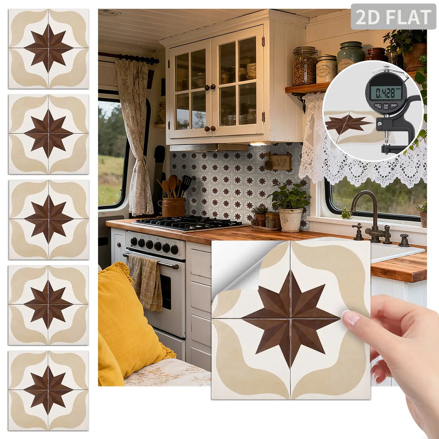 24PCS FHZ Beige Brown Octagram Star Geometric Tile Stickers PET Matte Peel and Stick Backsplash Waterproof Oil Proof Wall Decor for Kitchen Bathroom