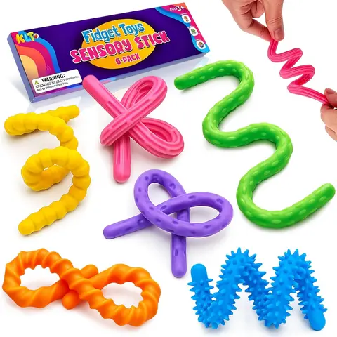 LESONG 6PCS Unisex Flexible Plastic Sensory Tube Fidgets - Quiet, Textured, Smooth, Rolling, Twist to Focus, ADHD Support, Stress Relief, Fidgets for Anxiety, Autism-Friendly Sensory Play, Tactile Play, Car Ride Use, Classroom Supplies