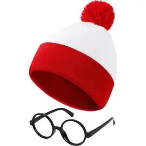 Halloween Costume Red White Knit Beanie Hat with Pompoms Nerd No Lenses Glasses for Men and Women