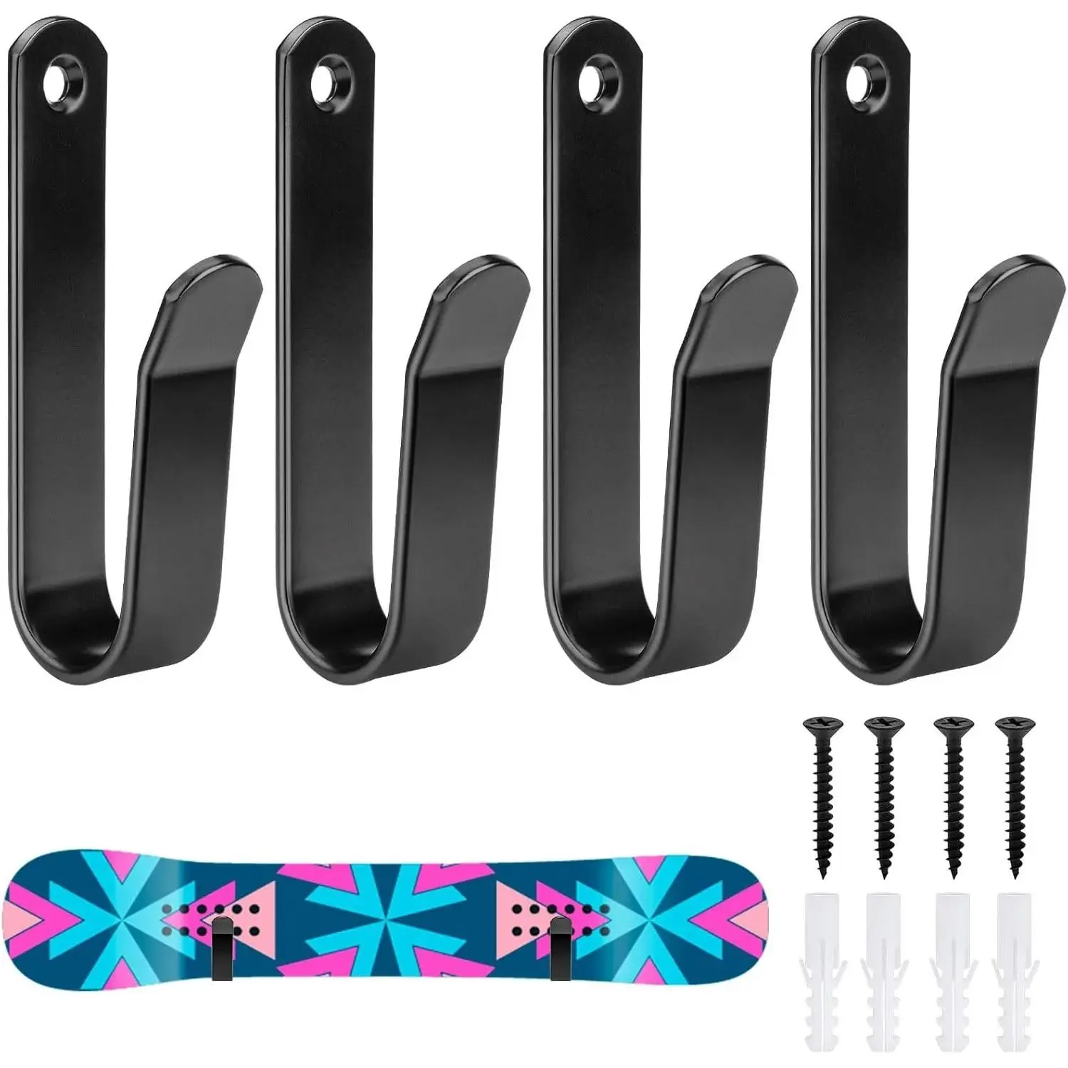 4 Pack Snowboard Wall Mount Clips,Snowboard Wall Mount, Horizontal Skateboard Wall Mount with Screws,Snowboard Display Wall Mount Indoor Snowboard Storage for Room and Garage,Black