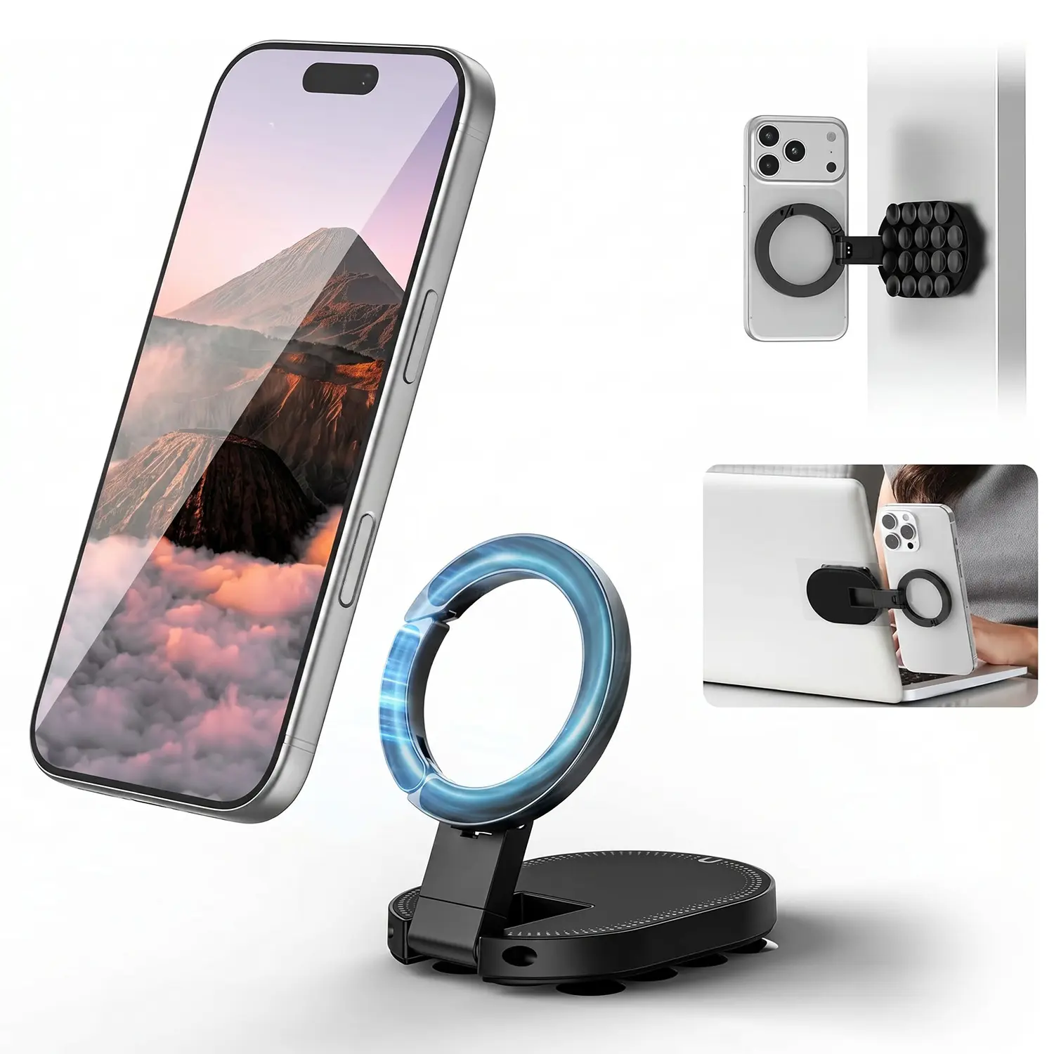 MagLock Magnetic Phone Mount Accessories - Desktop/Wall/Glass Suction Cup Stand for iPhone 17,16,15,14 with Suction Bottom Mobile Holder