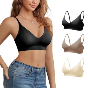 3 Pack Women's Bras Seamless V Neck Bralettes Padded Adjustable Straps Breathable Cotton Minimizer Push-Up Support Minimalist Wrap Design for Everyday Comfort & Fitness Black