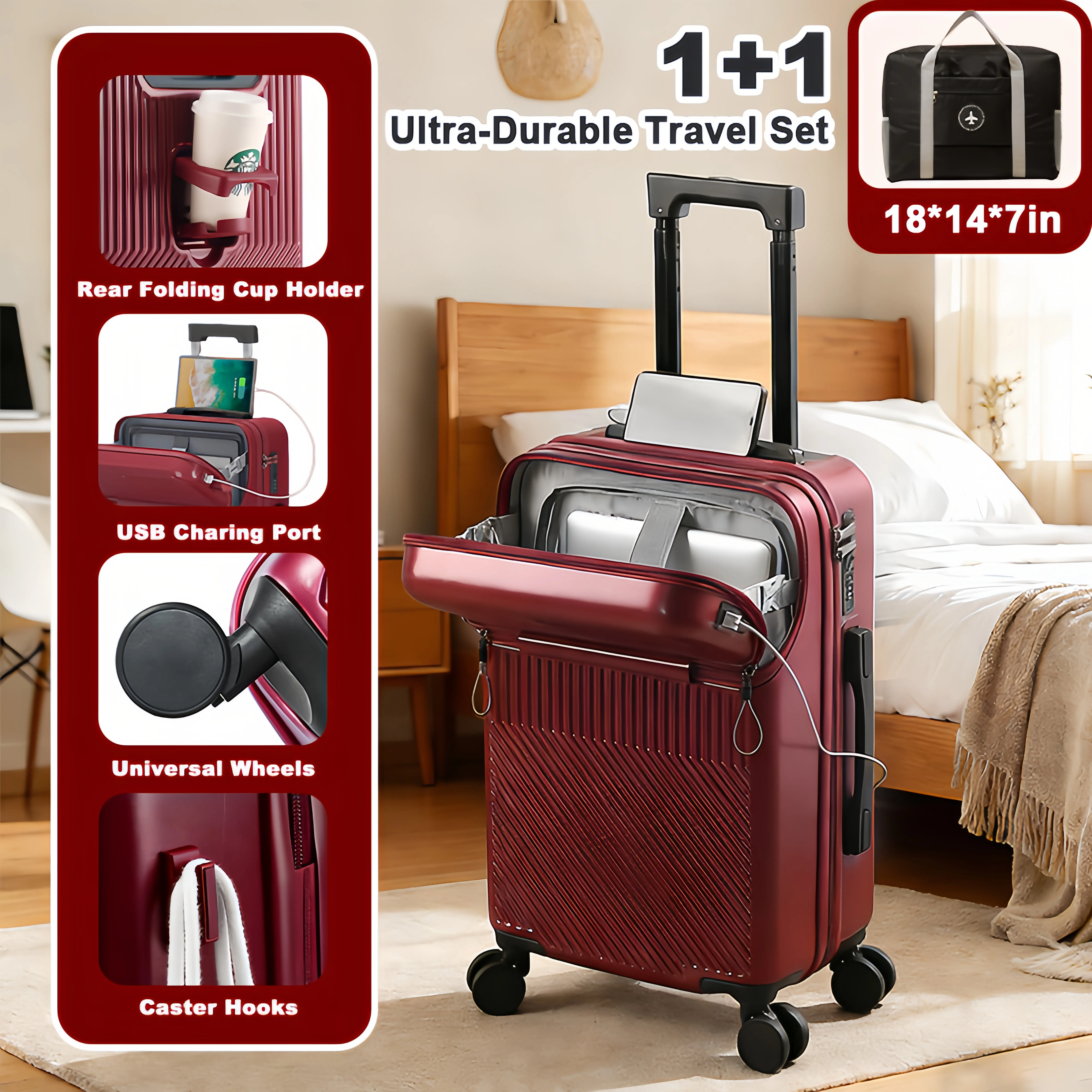 20in Carry-On Luggage & Bag Set, ABS+PC High-Quality Material Lightweight Travel Suitcases with Cup Holder, USB Charging Port, 360° Spinner Wheels, TSA Lock, Adjustable Telescopic Handle