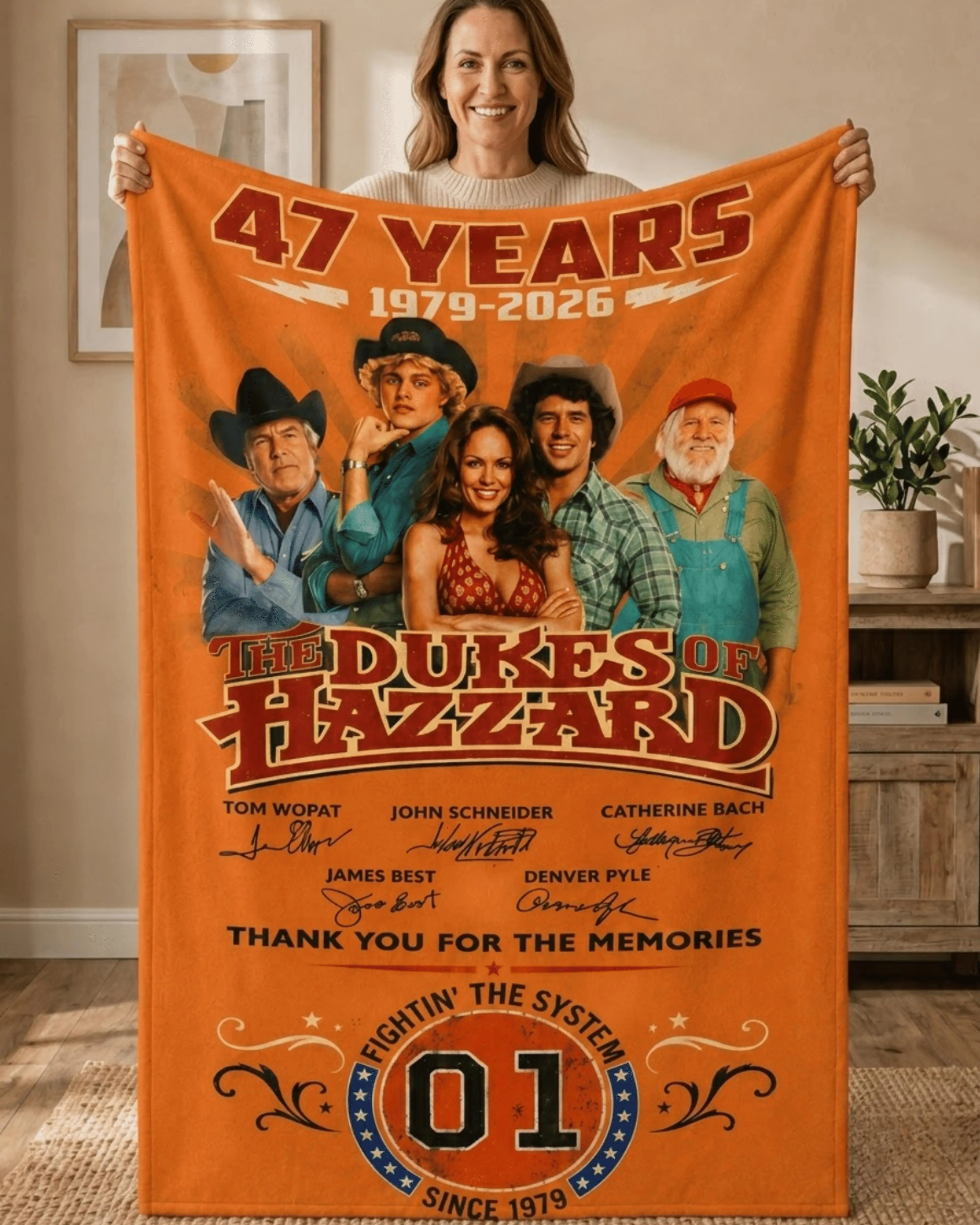 Women's Plush Fleece Throw Blanket - The Dukes of Hazzard 47th Anniversary Full Print Flannel Blanket Throw, 1979-2026 Cast Tribute, Retro Look Retro TV Collector Gift, Cozy Sofa Bed Decor