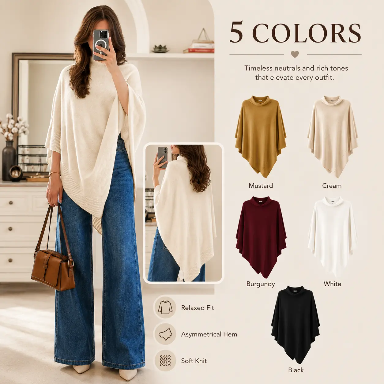 Women Turtleneck Irregular Hem Cape Knit Sweater, Batwing Half Sleeve Loose Oversized Pullover, Elegant Lazy Casual Knit Top