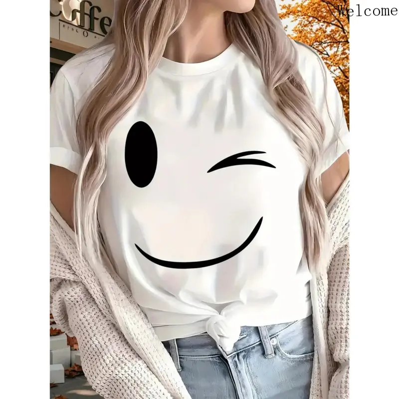 Women's Oversized Short-Sleeve Crew Neck 100% Cotton T-Shirt - Breathable Loose-Fit 2026 Happy New Year Printed Casual Sports Top