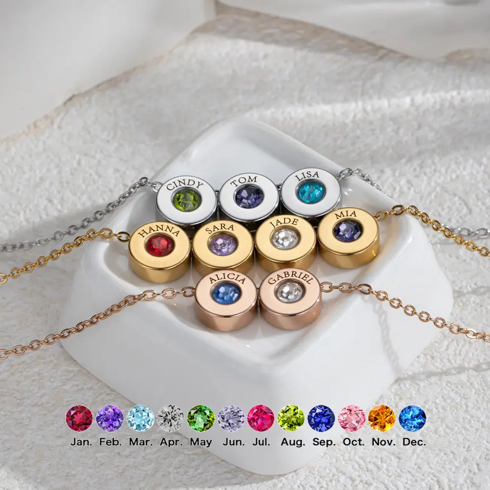AS1793 Customized Engraving Name Birthstone Pendant Round Smooth Surface Personalized DIY Stainless Steel Necklace Gift for Men and Women